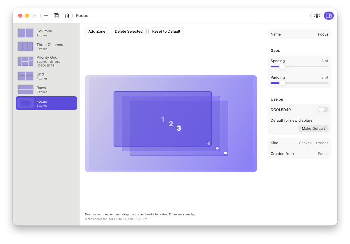The layout editor with a canvas layout of three overlapping zones