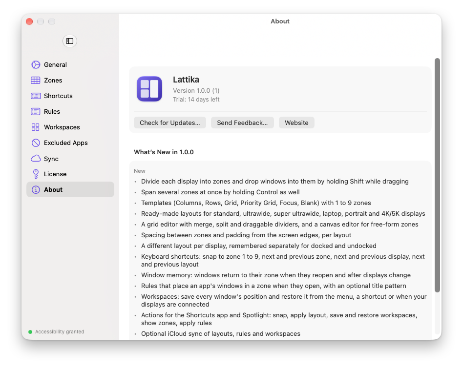 Settings › About with the version, the trial and the release notes