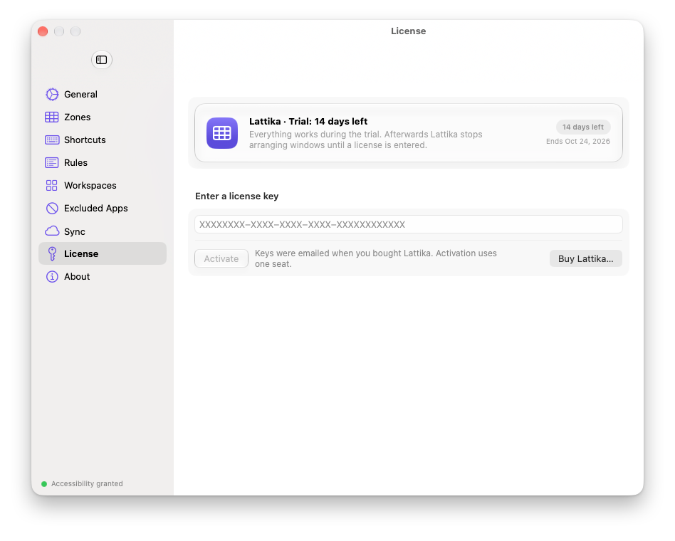 Settings › License during the trial