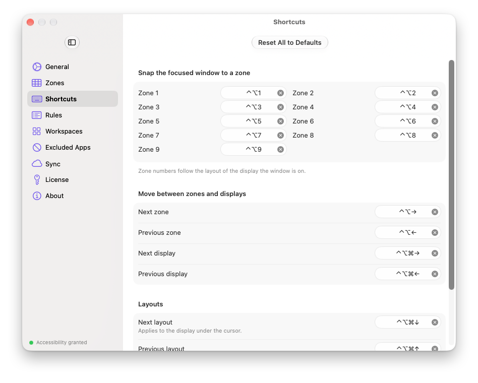 Settings › Shortcuts