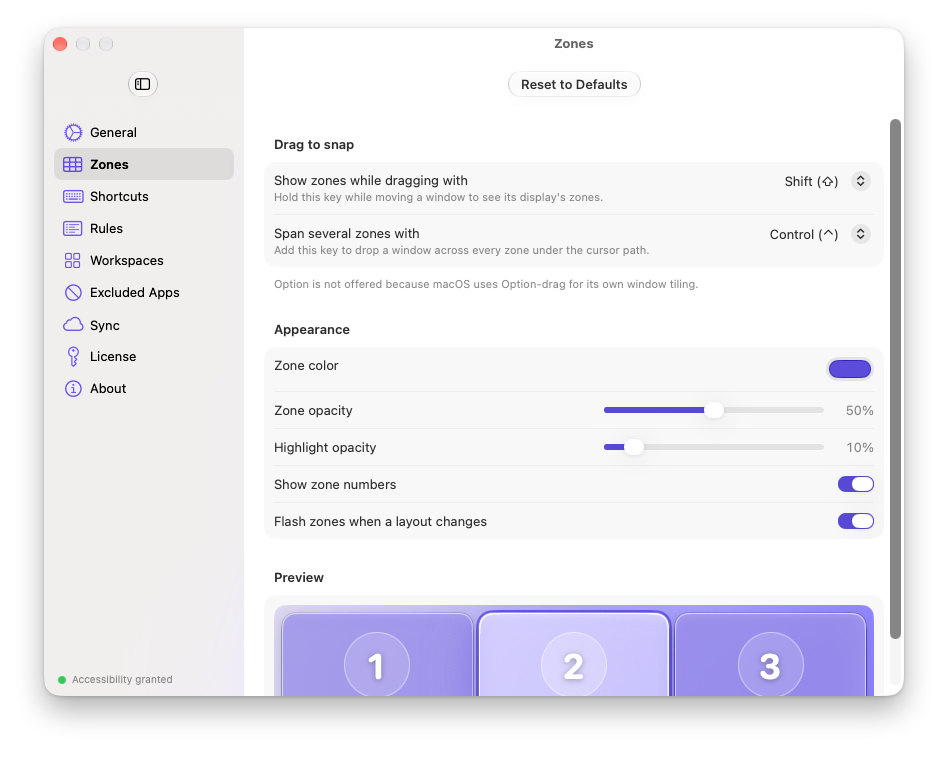 Settings › Zones with the drag keys, the zone colour and a preview